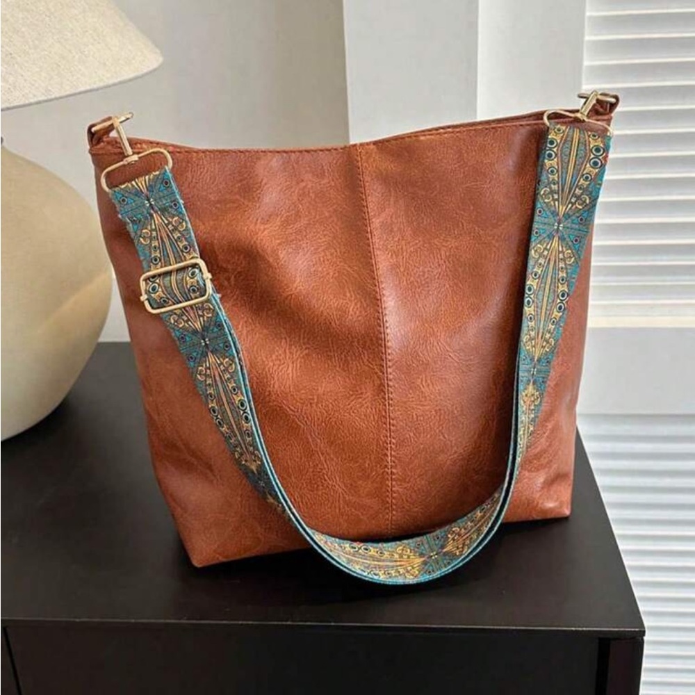 ⚠️Clearance Brown Leather Tote Bag with Patterned Blue Strap